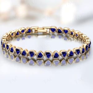 Art-Deco-Blauer Saphir-Tennis-Armband für Frauen Herzförmige Blauer Saphir-Hochzeits-Armband 925 Silber Lünette Set Armband Jahrestagsgeschenk