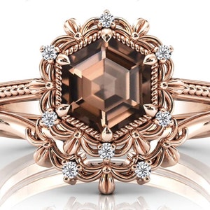 Vintage Hexagon Shaped Smoky Quartz Engagement Ring Set Antique Floral Wedding Ring Set Leaf Design Bridal Promise Ring Set Anniversary Gift