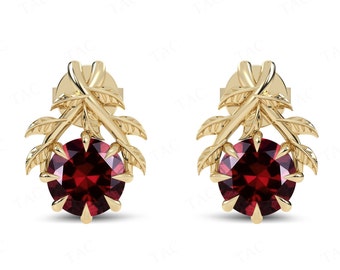 Round Cut Red Garnet Earrings For Women Vintage Leaf Design Earrings Art Deco Stud Wedding Earrings Unique Red Gemstone Earrings For Her