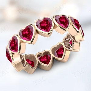 Heart Shaped Ruby Gemstone Band Unique Full Eternity Wedding Band Vintage Ruby Wedding Anniversary Band Art Deco Bridal Promise Band For Her