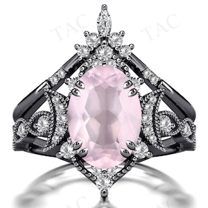 Moon Of My Life Rose Quartz Engagement Ring Set Oval Cut Rose Quartz 2 Pc Wedding Ring Set Black Metal Rose Quartz Bridal Ring Set For Women