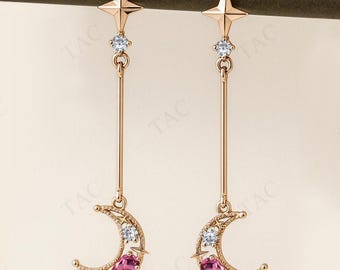 Moon Of My Life Pink Tourmaline Earrings For Women 925 Sterling Silver Tourmaline Wedding Earrings Unique Moon Dangle Drop Earrings For Her