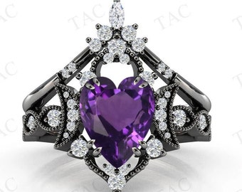Moon Of My Life Vintage Amethyst Engagement Ring Set Heart Shape Purple Amethyst Wedding Ring Set Black Metal Ring Set For Women Bridal Ring