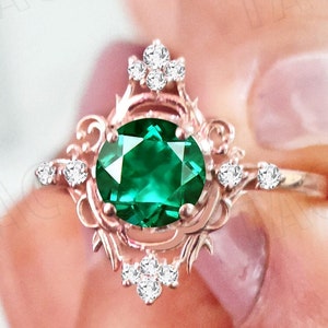 Green Emerald Engagement Ring Art Deco Vintage Emerald Wedding Ring 14k Rose Gold Antique Bridal Promise Ring Unique Women Anniversary Ring