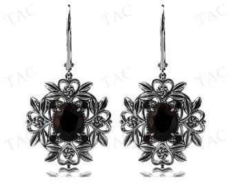 Vintage Vine Leaf Style Black Onyx Earrings For Women Art Deco Floral Design Wedding Earrings Unique Dangle Drop Earrings Anniversary Gift