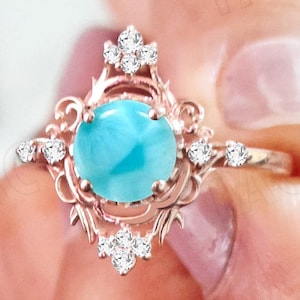Larimar Engagement Ring 14k Rose Gold Larimar Bridal Ring Vintage Art Deco Larimar Wedding Ring Unique Promise Anniversary Ring For Women