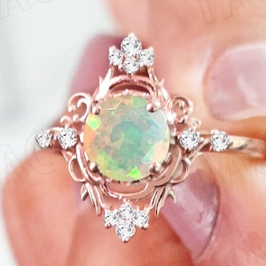 Antique Opal Wedding Ring 14k Rose Gold Opal Vintage Engagement Ring For Women Art Deco Opal Bridal Anniversary Ring Unique Promise Ring