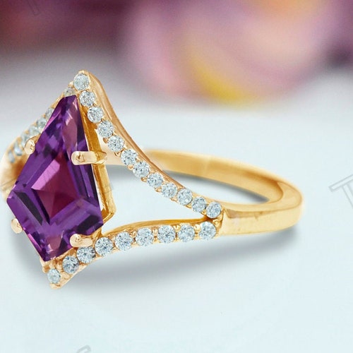 Natural Amethyst Engagement Ring Kite Shaped Antique Wedding Ring shops 14k Rose Gold Vintage Art Deco Bridal Anniversary Ring Unique Promise Ring