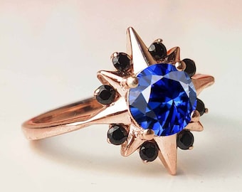 Vintage Blue Sapphire Engagement Ring Snowflake Rose Gold Wedding Ring Antique Art Deco Bridal Ring Unique Sapphire Promise Ring For Women