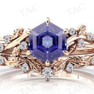 Hexagon Cut Tanzanite Engagement Ring Set Vine Leaf Style Vintage Wedding Ring Set Antique Art Deco Bridal Promise Ring Set Anniversary Gift