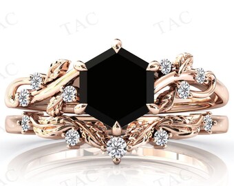 Vine Leaf Design Black Onyx Engagement Ring Set Hexagon Shaped Black Onyx Wedding Ring Set Vintage Bridal Promise Ring Set Anniversary Gift