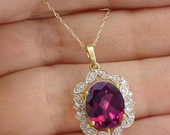 Natural Rhodolite Garnet Pendant For Women 925 Silver Garnet Pendant Vintage Halo Statement Necklace Art Deco Leaf Design Pendant For Her