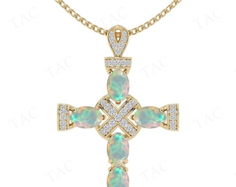 Fire Opal Gemstone Cross Pendant For Women 925 Silver Holy Cross Necklace Unique Designer Cross Pendant Art Deco Statement Pendant For Her