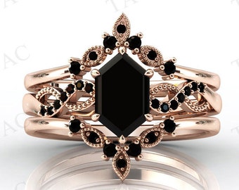 Hexagon Shaped Black Onyx Engagement Ring Set Art Deco Black Gemstone Ring Set Vintage Bridal Wedding Ring Set Unique Anniversary Ring Set