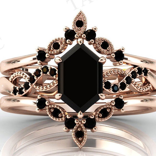 Hexagon Shaped Black Onyx Engagement Ring Set Art Deco Black Gemstone Ring Set Vintage Bridal Wedding Ring Set Unique Anniversary Ring Set