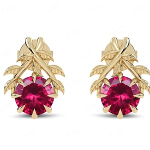 Vintage Ruby Gemstone Earrings For Women Unique Leaf Design Wedding Earrings 14K Gold Ruby Art Deco Stud Earrings Anniversary Gift For Her