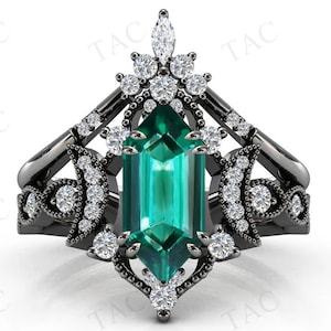 Moon Of My Life Emerald Engagement Ring Set Black Metal Emerald Wedding Ring Set Antique Art Deco Bridal Ring Set For Women Promise Ring Set