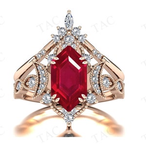 Moon Of My Life Hexagon Shaped Ruby Wedding Ring Set 14k Rose Gold Ruby Engagement Ring Set 2 Piece Red Gemstone Bridal Ring Set For Women