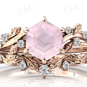Hexagon Shaped Unique Rose Quartz Engagement Ring Set Vintage Vine Leaf Design Wedding Ring Set Antique Bridal Promise Anniversary Ring Set