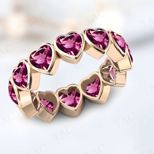 Raspberry Rhodolite Garnet Eternity Wedding Band For Women Unique Red Gemstone Wedding Band Heart Shaped Garnet Stacking Band Gift For Women