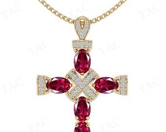 Art Deco Ruby Gemstone Cross Pendant For Women 14K Gold Ruby Cross Necklace Unique Designer Cross Pendant Vintage Religious Pendant For Her
