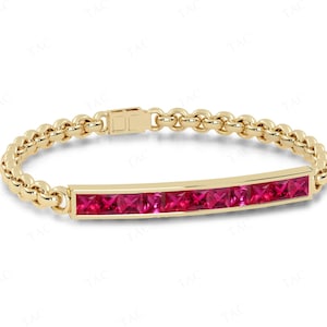Unique Ruby Gemstone Channel Set Bracelet For Women Princess Cut Ruby Statement Bracelet Calssic Channel Set Unisex Bracelet Gift For Men