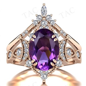 Moon Of My Life Amethyst Engagement Ring Set Oval Cut Amethyst Wedding Ring Set Antique Art Deco 2 Pcs Bridal Anniversary Ring Set For Women