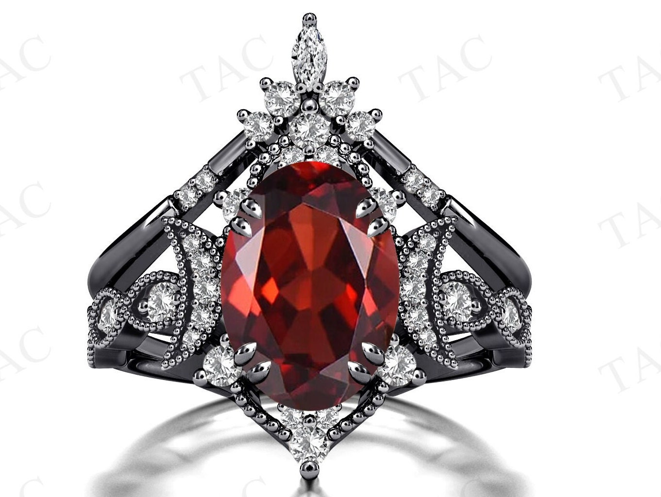 Moon of My Life Red Garnet Engagement Ring Set Oval Shaped Red