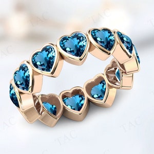 London Blue Topaz Eternity Wedding Band Unique Blue Gemstone Bridal Band 14K Gold Blue Topaz Vintage Eternity Engagement Band Gift For Women