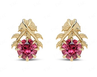 Pink Tourmaline Wedding Earrings For Women 925 Silver Tourmaline Earrings Unique Stud Earrings Vintage Leaf Design Earrings Gift For Women
