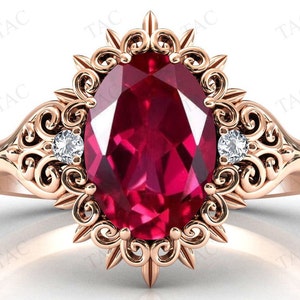 Vintage Filigree Style Ruby Engagement Ring Antique Leaf Style Wedding Ring Unique Bridal Promise Ring 925 Silver Oval Cut Ruby Ring For Her