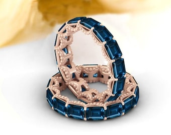 14k Gold London Blue Topaz Eternity Wedding Band*Blue Topaz Engagement Band*Vintage Topaz Bridal Band* Anniversary Gift*Unique Band Ring*