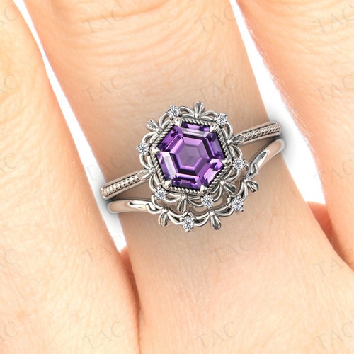 Hexagon Shaped Amethyst Engagement Ring Set Antique Floral Leaf Amethyst Wedding Set 925 Silver Amethyst Bridal Promise shops Anniversary Ring Set