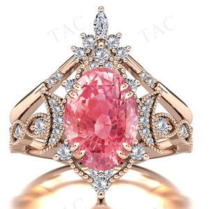Moon Of My Life Padparadscha Sapphire Engagement Ring Set Pink Gemstone Wedding Ring Set Vintage Bridal Anniversary Promise Ring Set For Her