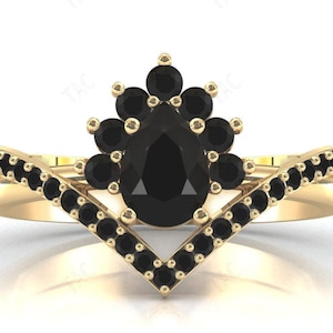 14k Rose Gold Black Onyx Engagement Ring Set Art Deco Pear Cut Onyx Wedding Ring Set For Women Antique Bridal Anniversary Promise Ring Set