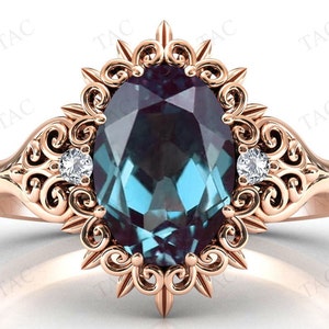 Vintage Art Deco Alexandrite Engagement Ring Unique Filigree Design Wedding Ring Antique Leaf Style Bridal Ring For Women Anniversary Gift