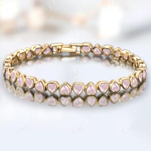 Heart Shaped Rose Quartz Tennis Bracelet For Women 925 Silver Bezel Set Wedding Bracelet Unique Pink Gemstone Bracelet Anniversary Gift