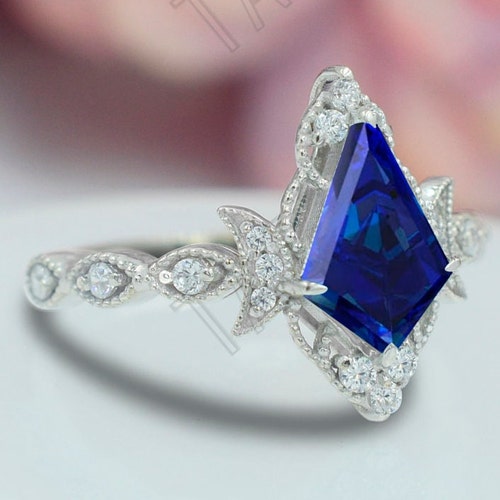 14k Gold Blue Sapphire Engagement Ring Set Antique Women Wedding Ring Set Kite Cut Unique Bridal Ring Set Vintage Art Deco Anniversary shops Ring