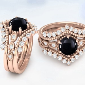 Vintage Black Onyx Engagement Ring Set Antique Wedding Ring Set Unique Art Deco Onyx Bridal Anniversary Ring Set For Women Onyx Promise Ring