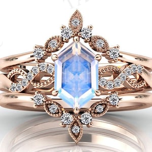 Hexagon Shaped Moonstone Engagement Ring Set Antique Leaf Style Wedding Ring Set Vintage Bridal Anniversary Ring Set Unique Promise Ring Set