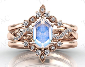 Hexagon Shaped Moonstone Engagement Ring Set Antique Leaf Style Wedding Ring Set Vintage Bridal Anniversary Ring Set Unique Promise Ring Set
