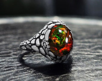 Unique Black Opal Gemstone Ring For Women 925 Silver Black Opal Texture Ring Women Statement Ring Art Deco Boho Style Ring Anniversary Gift