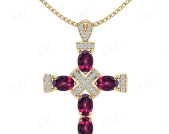 Natural Rhodolite Garnet Cross Pendant For Women 925 Silver Rhodolite Garnet Statement Pendant Art Deco Designer Cross Pendant Gift For Her