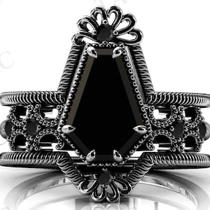 Coffin Shaped Black Onyx Engagement Ring Set Vintage Black Onyx Wedding Ring Set 925 Silver Black Gemstone Ring Set Unique Bridal Ring Set