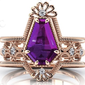 Natural Amethyst Engagement Ring Set Coffin Shaped Amethyst 3 Pc Wedding Ring Set Antique Bridal Promise Ring Set For Women Anniversary Gift