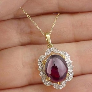 Colgante único de granate rojo para mujer, plata 925, halo de granate rojo, colgante hecho a mano, granate de corte ovalado, collar Art Deco de boda, regalo de aniversario