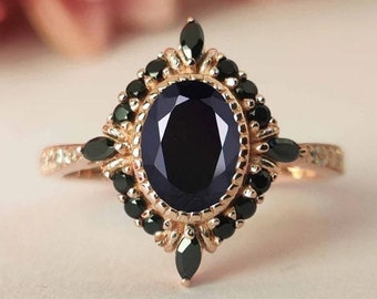 Antique Black Onyx Engagement Ring Unique Wedding Ring 14k Rose Gold Oval Black Onyx Bridal Promise Ring Vintage Art Deco Anniversary Ring