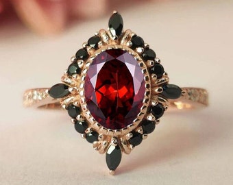 Natural Red Garnet Engagement Ring Rose Gold Garnet Wedding Ring Antique Art Deco Bridal Ring Unique Promise Ring For Women Anniversary Ring