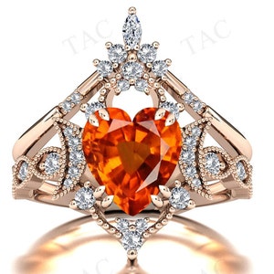 Moon Of My Life  Heart Shape Orange Sapphire Engagement Ring Set Art Deco 2pc Wedding Ring Set Antique Bridal Anniversary Ring Set For Women