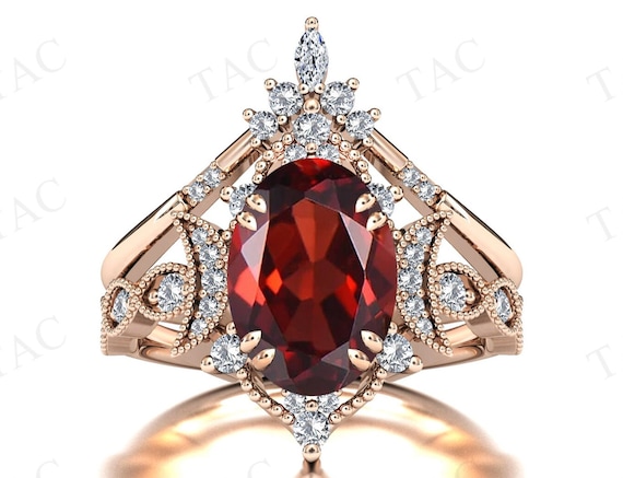 Moon of My Life Red Garnet Engagement Ring Set Antique Art Deco 2